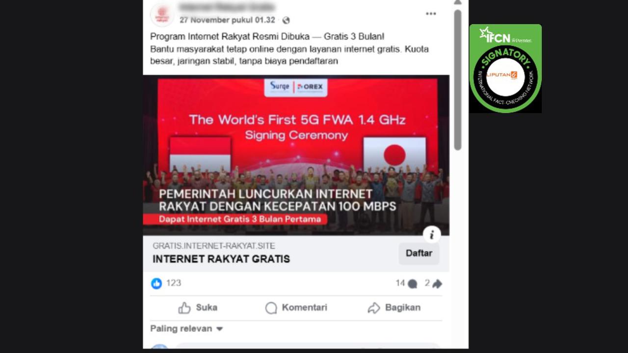 Cek Fakta: Tidak Benar Ini Link Pendaftaran Internet Rakyat Gratis 3 Bulan