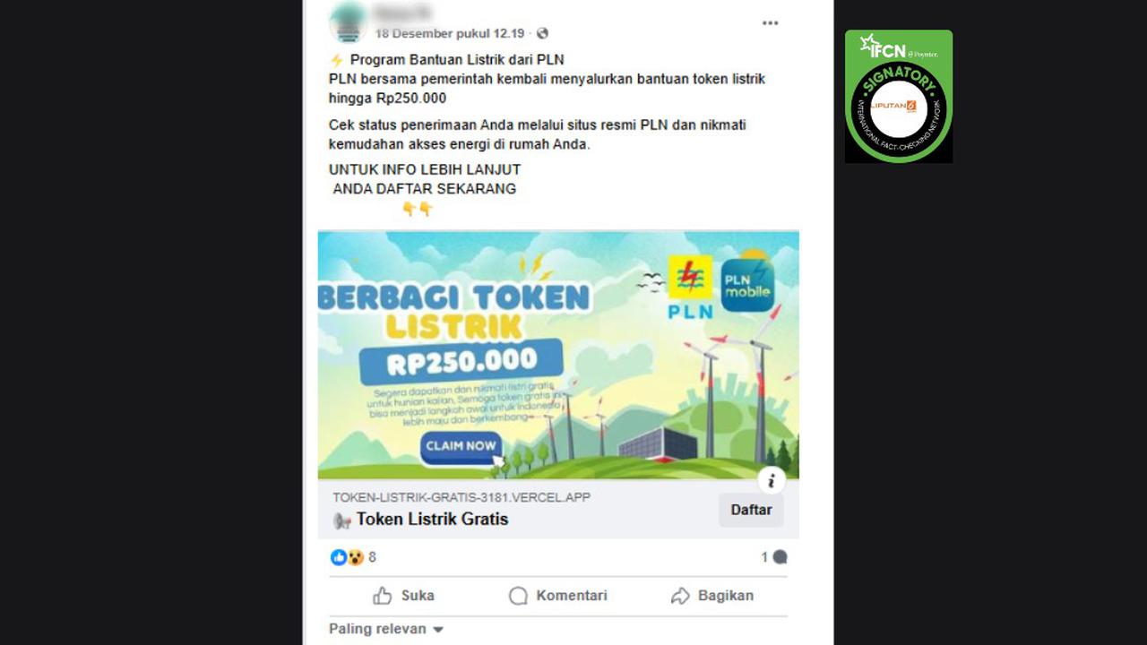 Cek Fakta: Tidak Benar Link Pendaftaran Bantuan Token Listrik dari PLN