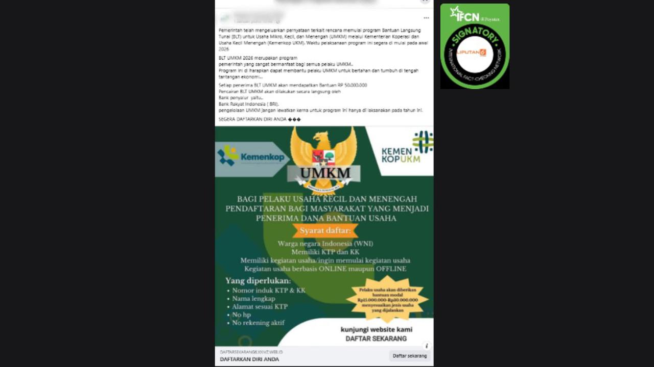 Cek Fakta: Tidak Benar Link Pendaftaran BLT UMKM 2026 Sebesar Rp 50 Juta