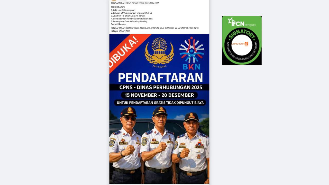 Cek Fakta: Tidak Benar Link Pendaftaran CPNS Dinas Perhubungan Periode 15 November-20 Desember
