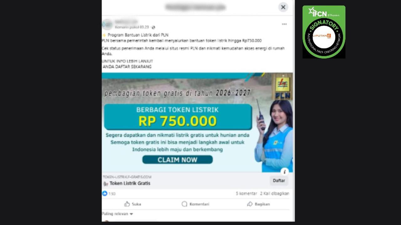 Cek Fakta: Tidak Benar Link untuk Daftar Bantuan Token Listrik Rp 750 Ribu dari PLN