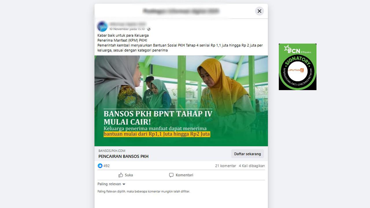 Cek Fakta: Tidak Benar Tautan Pendaftaran Bansos PKH-BPNT Tahap IV
