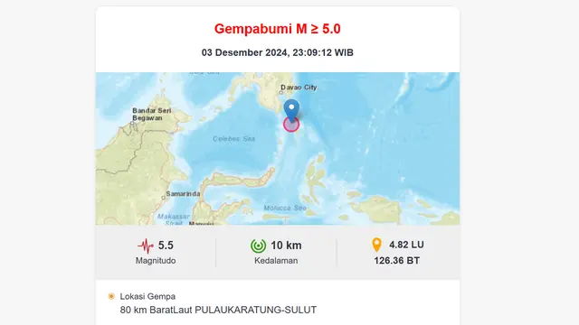 Gempa Magnitudo 5,5 Guncang Pulau Karatung Sulut, BMKG: Tidak Berpotensi Tsunami - News berita69.org