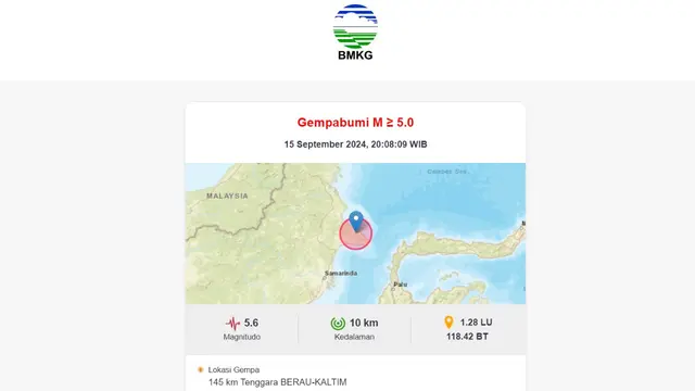 Gempa Terkini Minggu 15 September 2024 Bermagnitudo 5,6 Getarkan Berau, Kaltim - News berita69.org