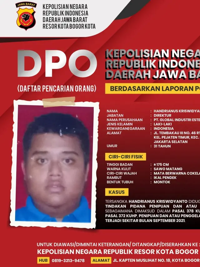 Tersandung Kasus Dugaan Pengelabuan, Direktur PT GIE Ditetapkan sebagai DPO Polresta Bogor - News berita69.org